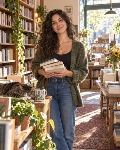 AI-created example: A man in a warm independent bookshop