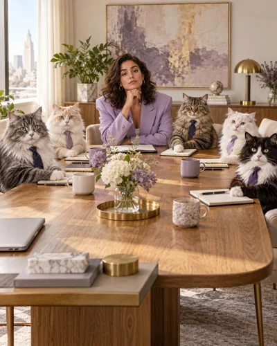 AI-created example: A woman at a boardroom table with cats