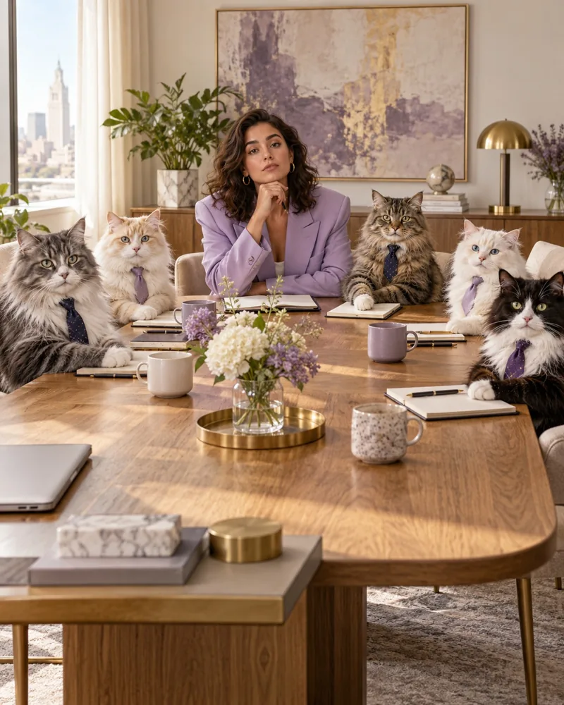 AI-created example: A woman at a boardroom table with cats