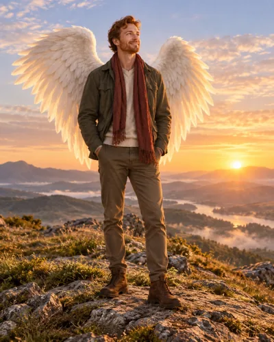 AI-created example: A fully clothed person with large wings at sunset