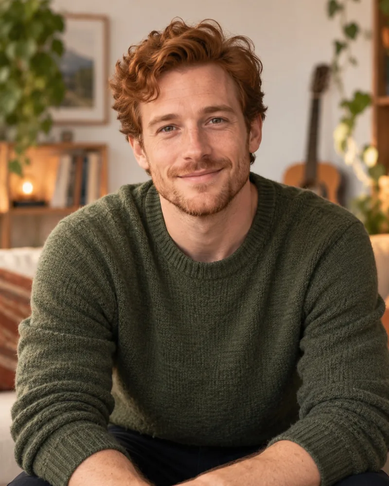 AI-created example: A copper-haired man in a green sweater