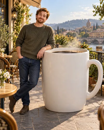 AI-created example: A person beside an oversized cup of coffee