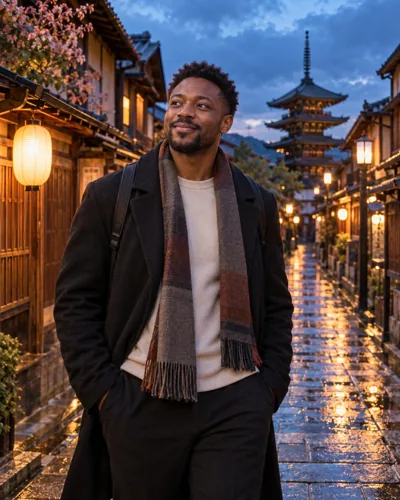AI-created example: A man on a lantern-lit street in Kyoto