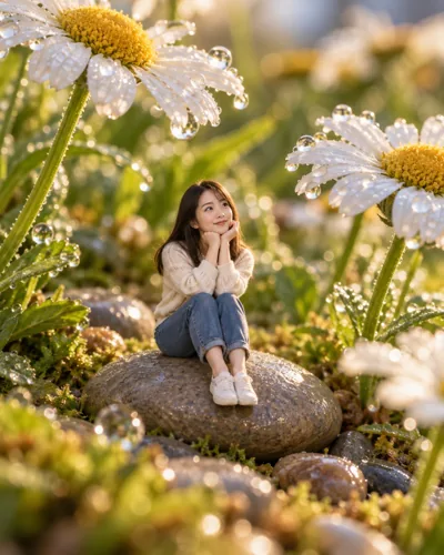 AI-created example: A miniature woman seated among tall daisies