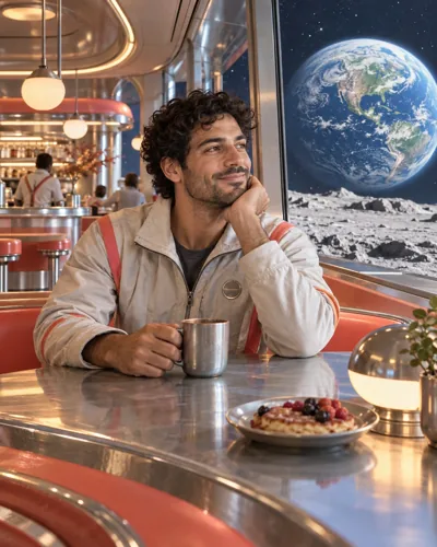 AI-created example: A person in a retro diner on the moon