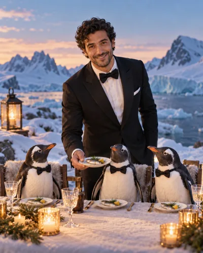 AI-created example: A person hosting penguins at a dinner table