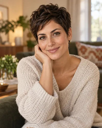 AI-created example: A woman with a short pixie haircut