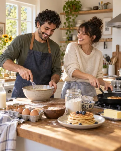 AI-created example: Two people sharing a quiet Sunday breakfast